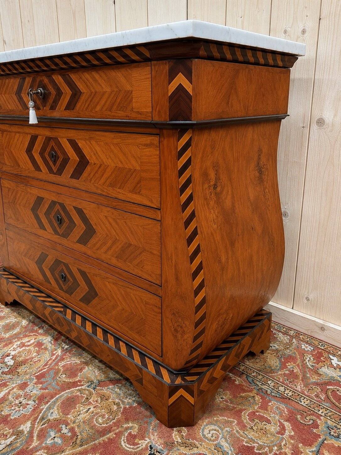 Swiss style marquetry commode – Carrara marble top
