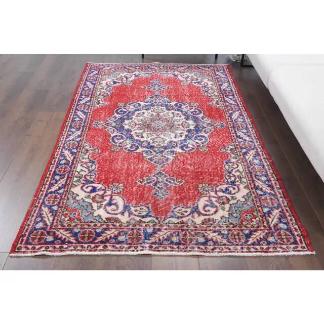Vintage Turkish Oushak Handmade Wool Cotton Red Area Rug 124x209