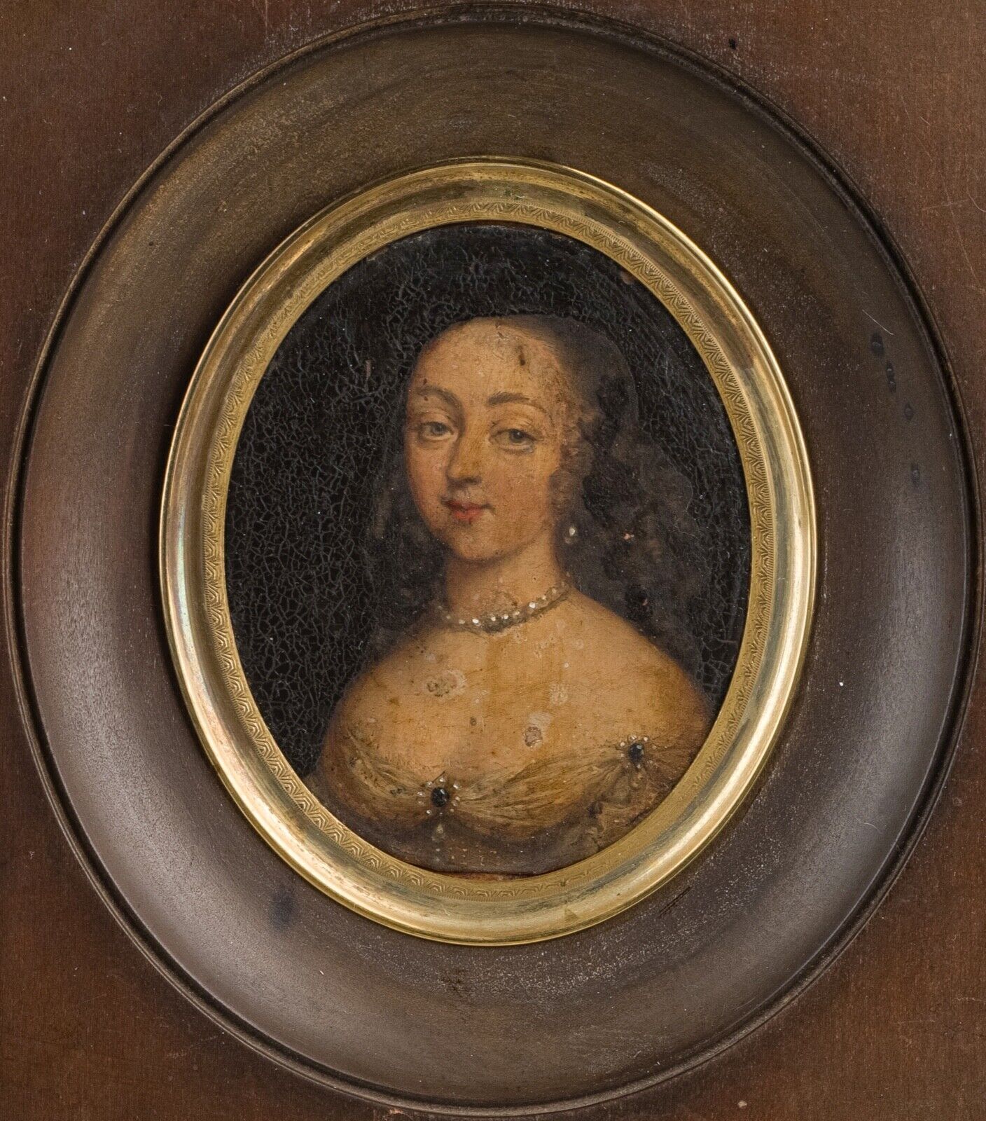 Miniature portrait of a woman in costume epoch louis xv frame wood