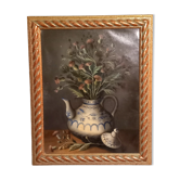 Oil on canvas-still life teapot with flowers