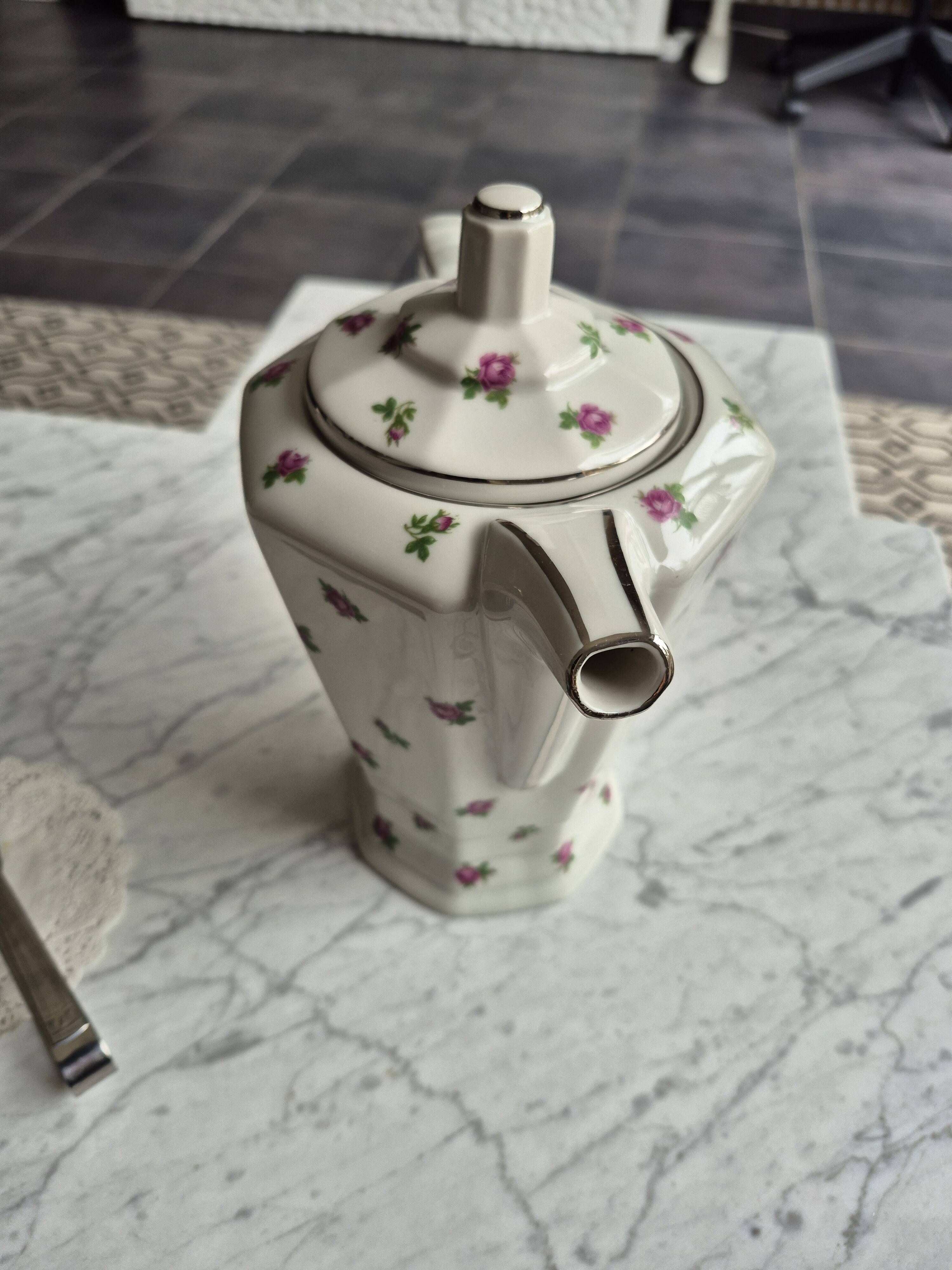 Limoges porcelain coffee pot B&D Roses & silver trim