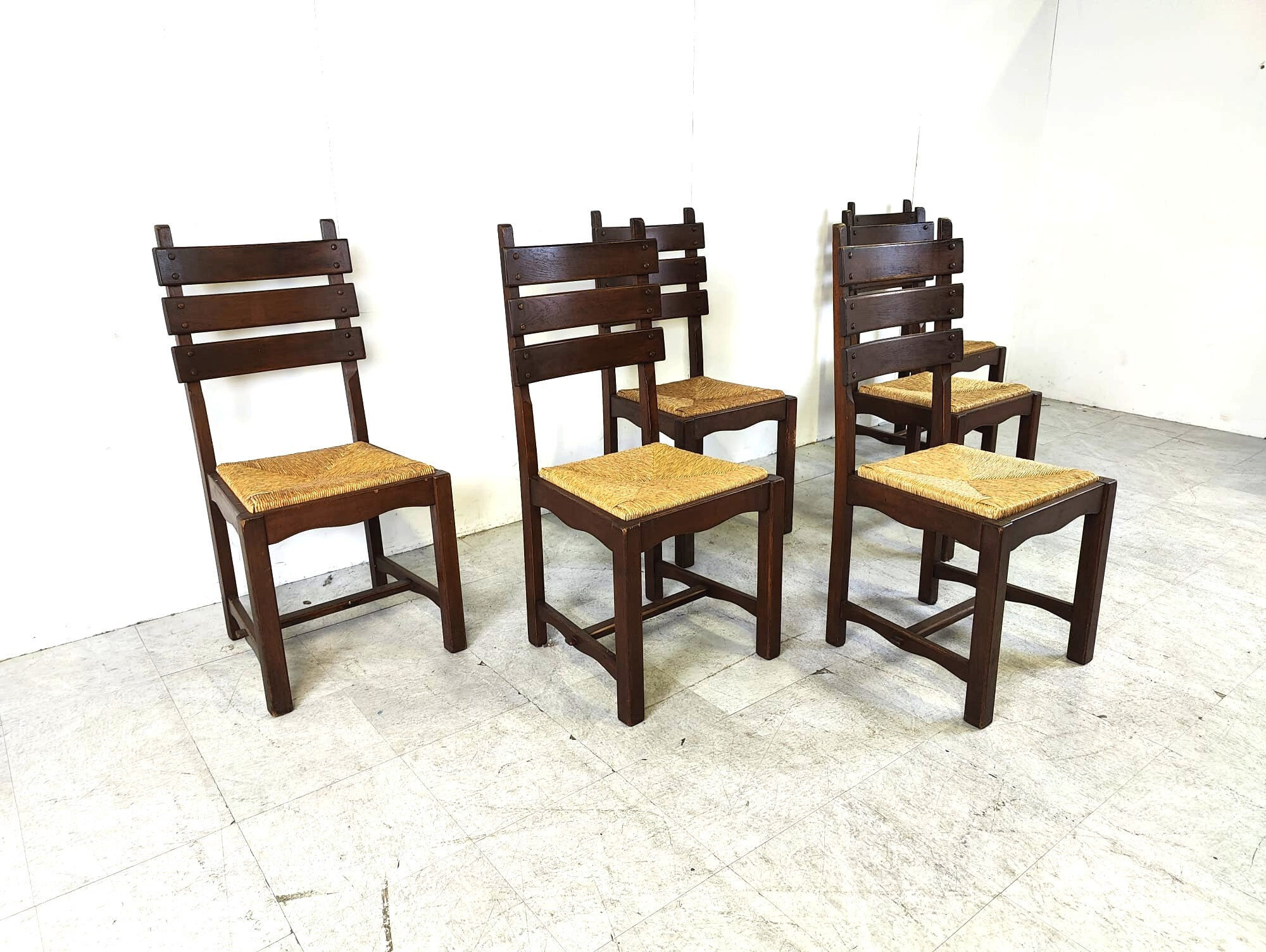 Vintage oak and wicker brutalist dining chairs, 1960s