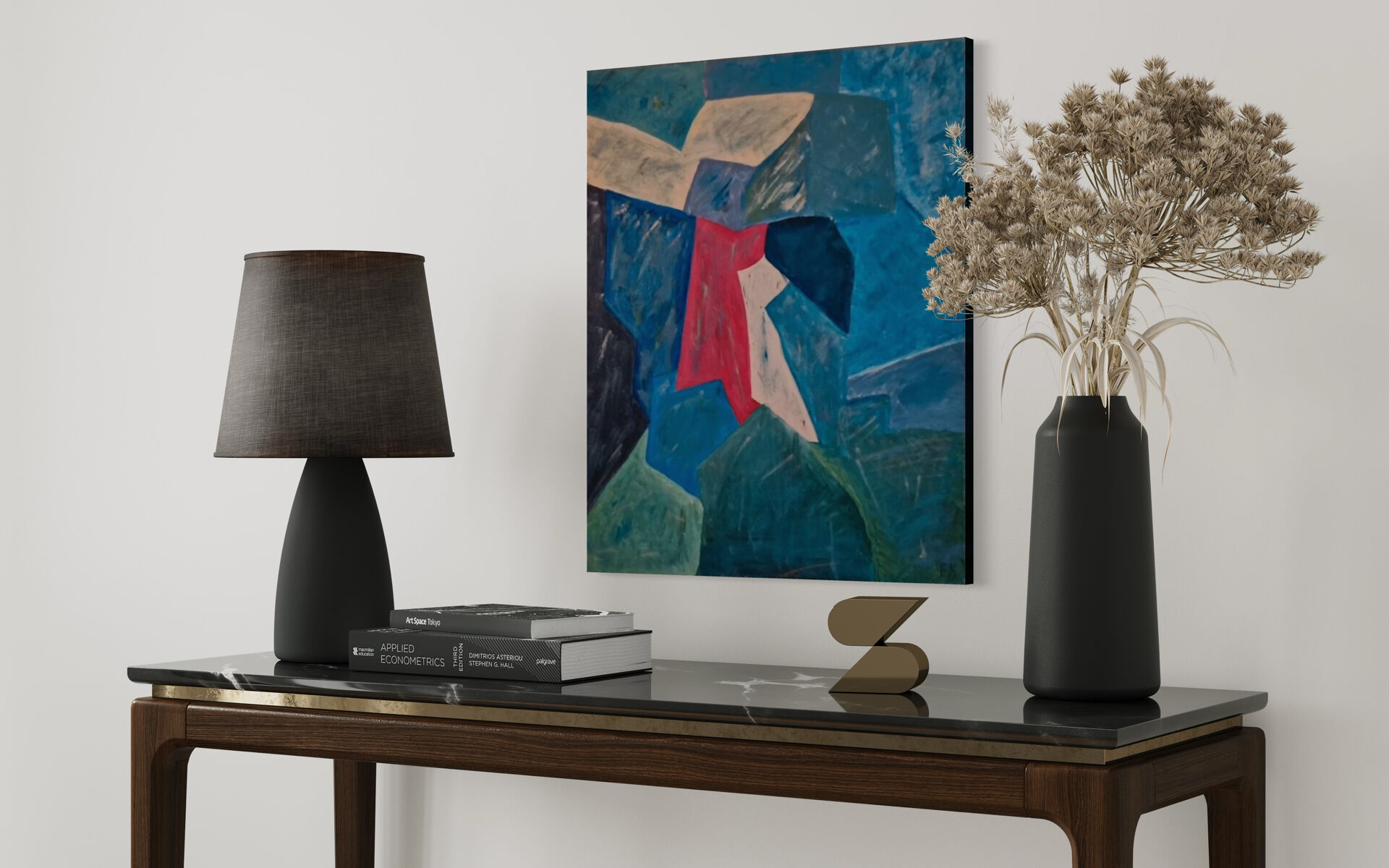 Abstract table blue green red 60x50 cm painting signed