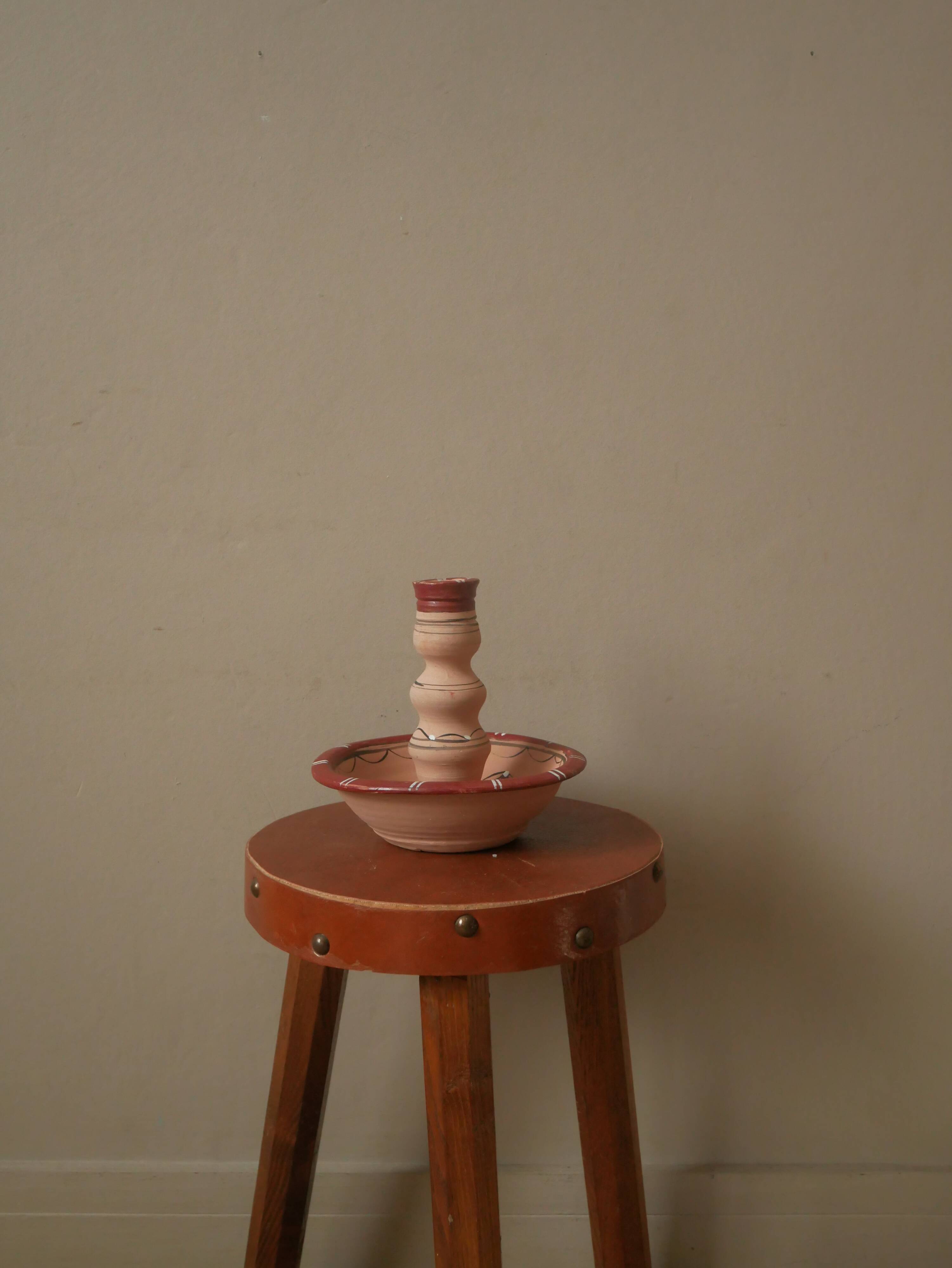 Hand-painted terracotta candle holder artisanal North African ethnic tribal design