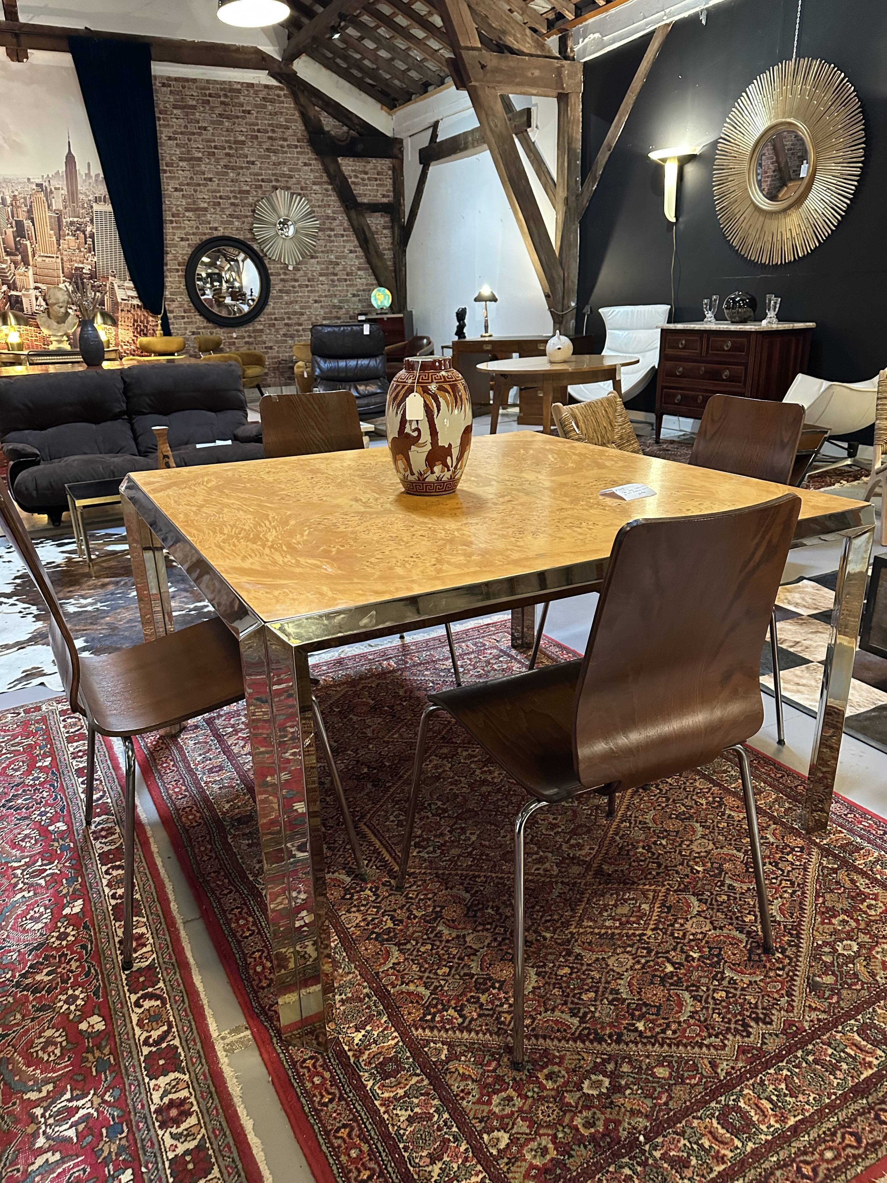 Square table vintage 70 Italian metal moiré and elm magnifying glass