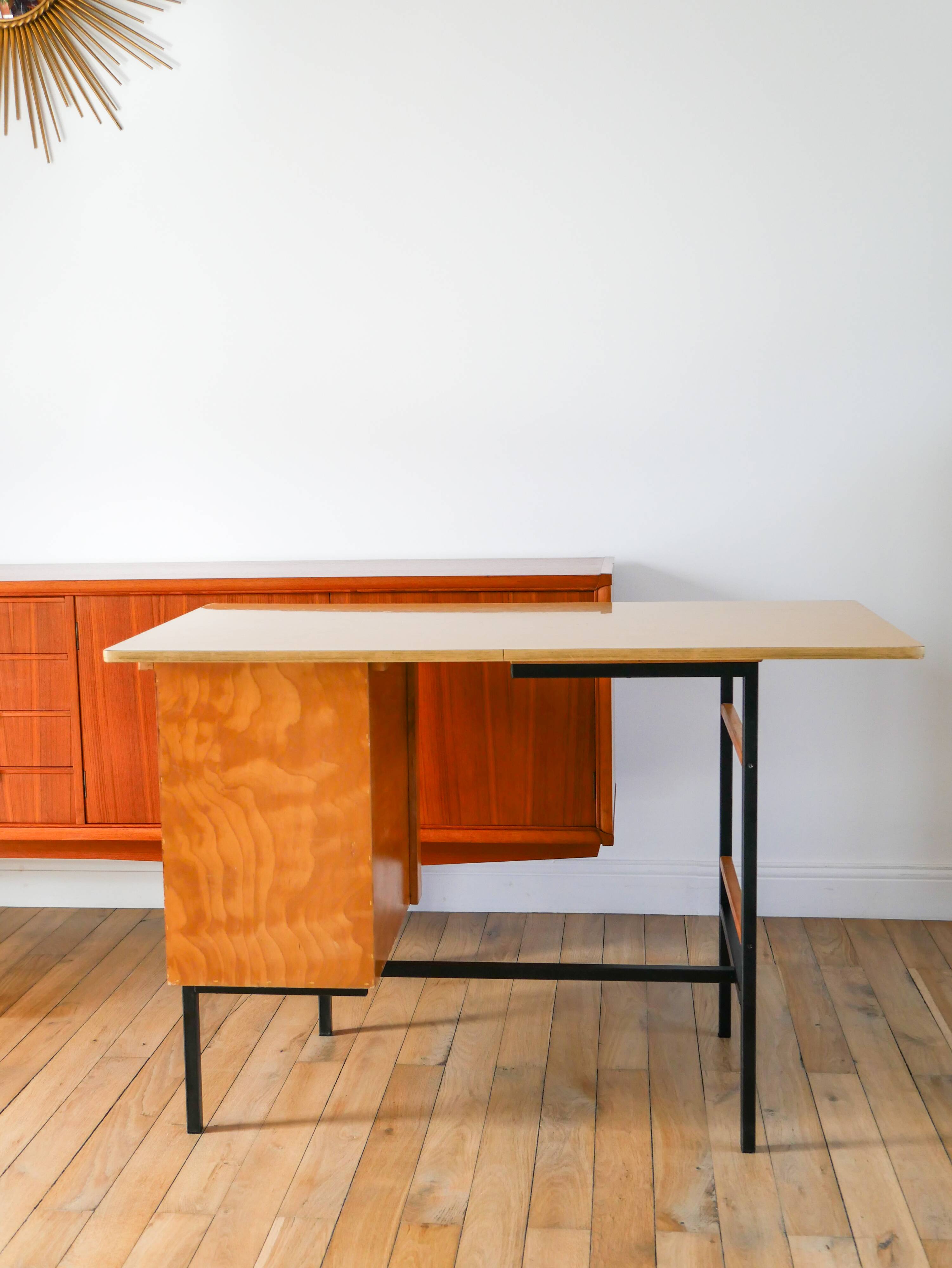 Formica, beech and black metal desk, Modernist Design, 1960