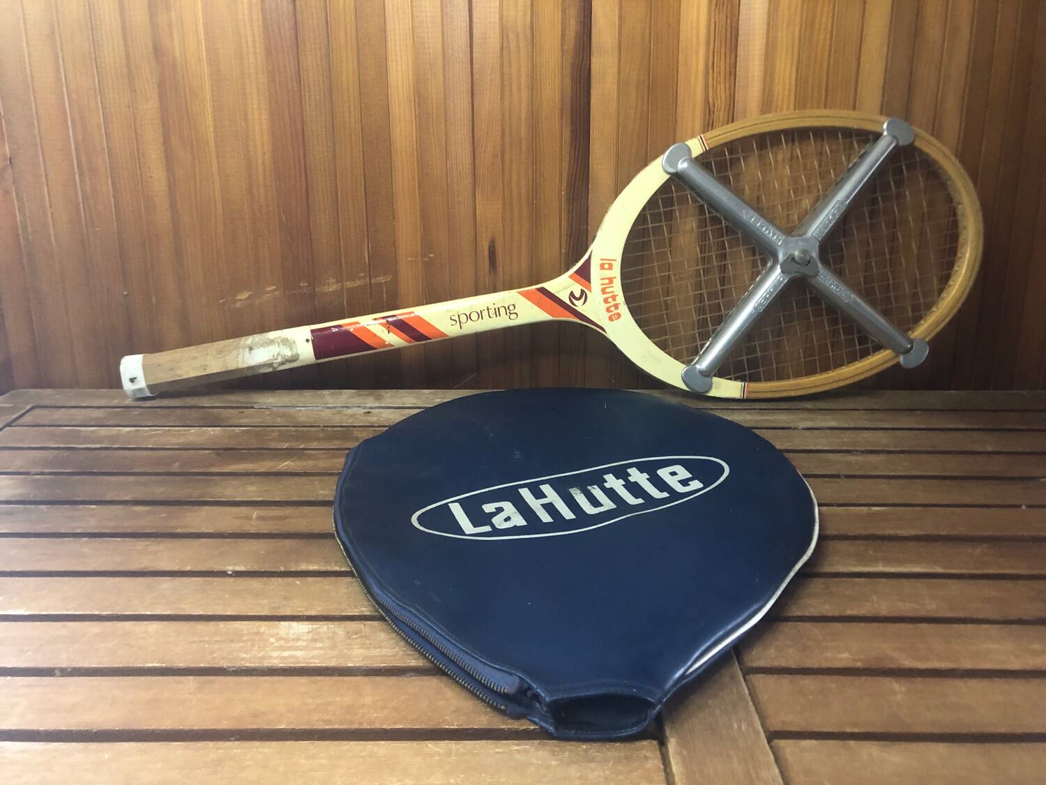 Old la hutte tennis racket wood + cross & protective cover