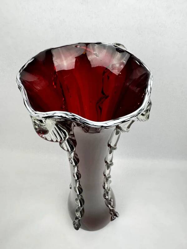 Ruby red glass vase 50 cm with clear Murano style applied decoration