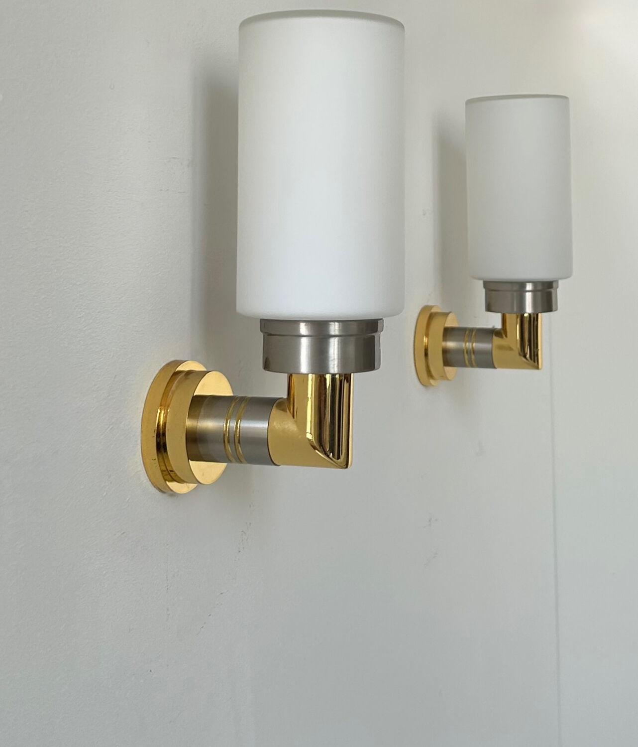 Pair of vintage sconces, opaline brass and steel, Germany 1970