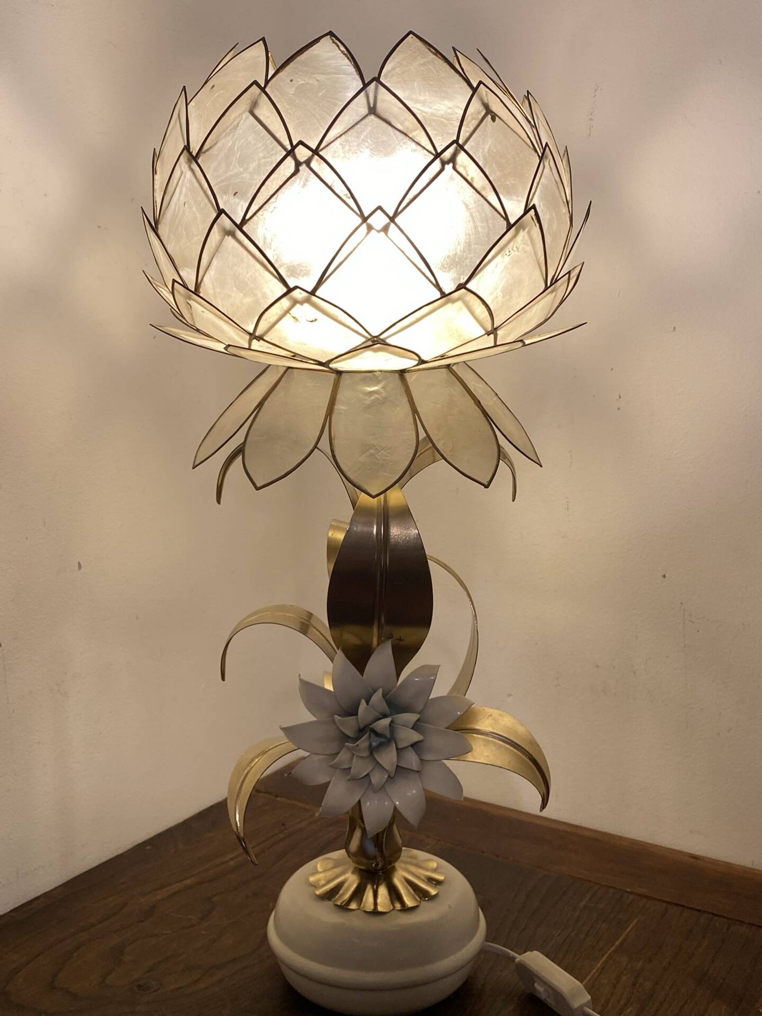 Brass lamp, metal and mother-of-pearl