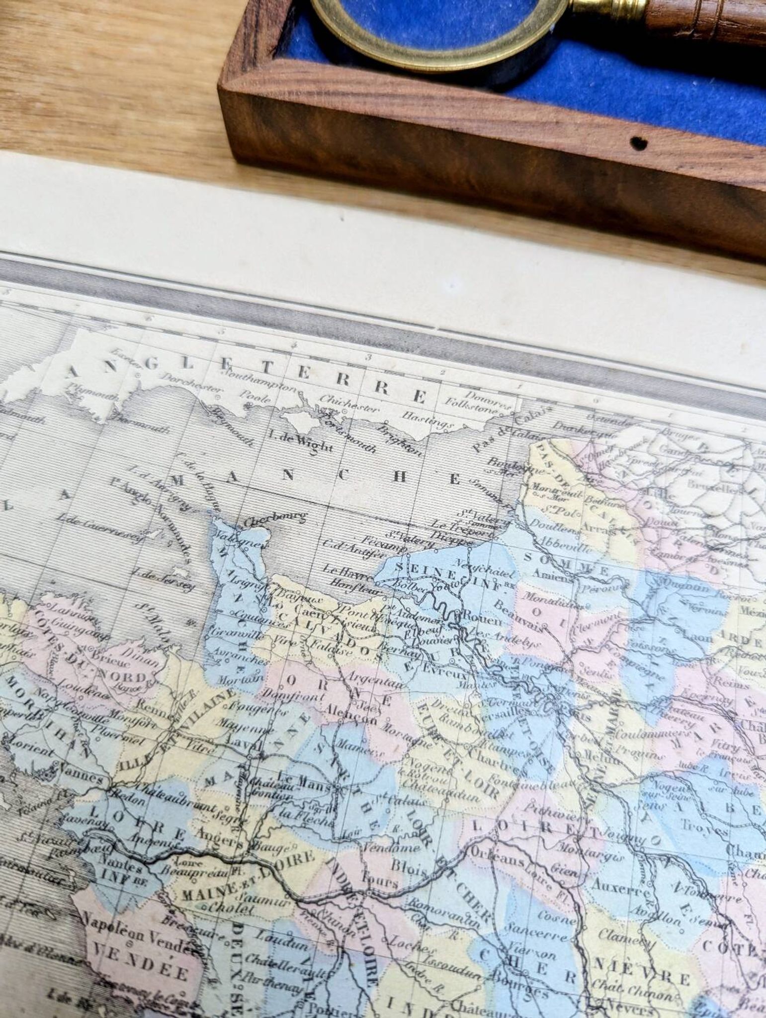 France and departments, old map, printed in 1852. Authentic.