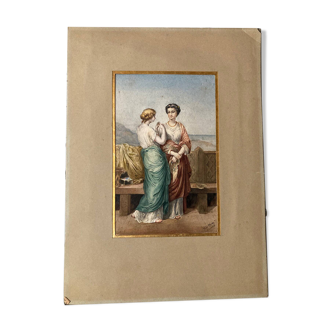 Peinture Gouache encadrée sur papier représentant deux femmes avec, signée, 1884