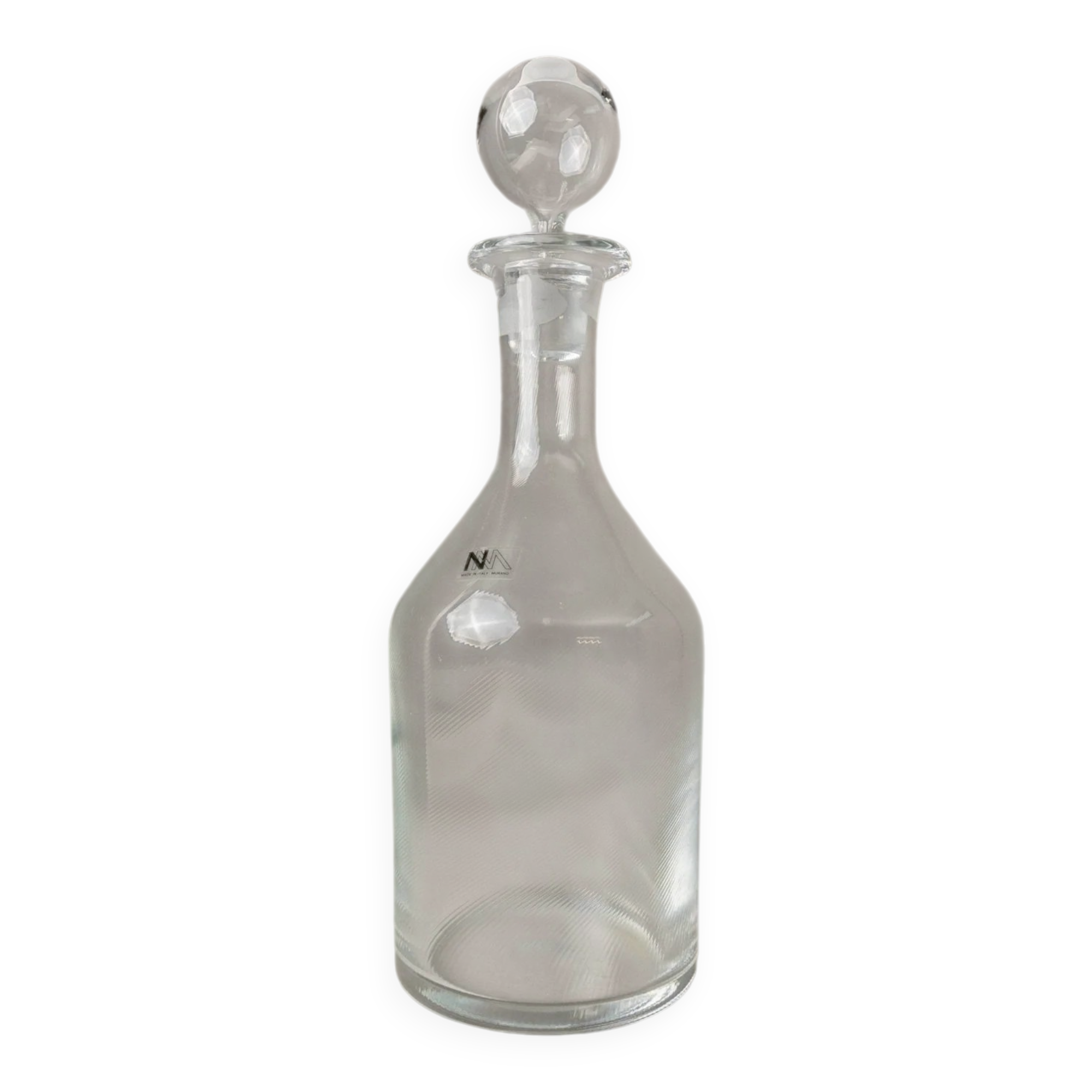 Clear Murano glass decanter with stopper - Italian 1980s liqueur bottle, fluted texture, decorative glass art