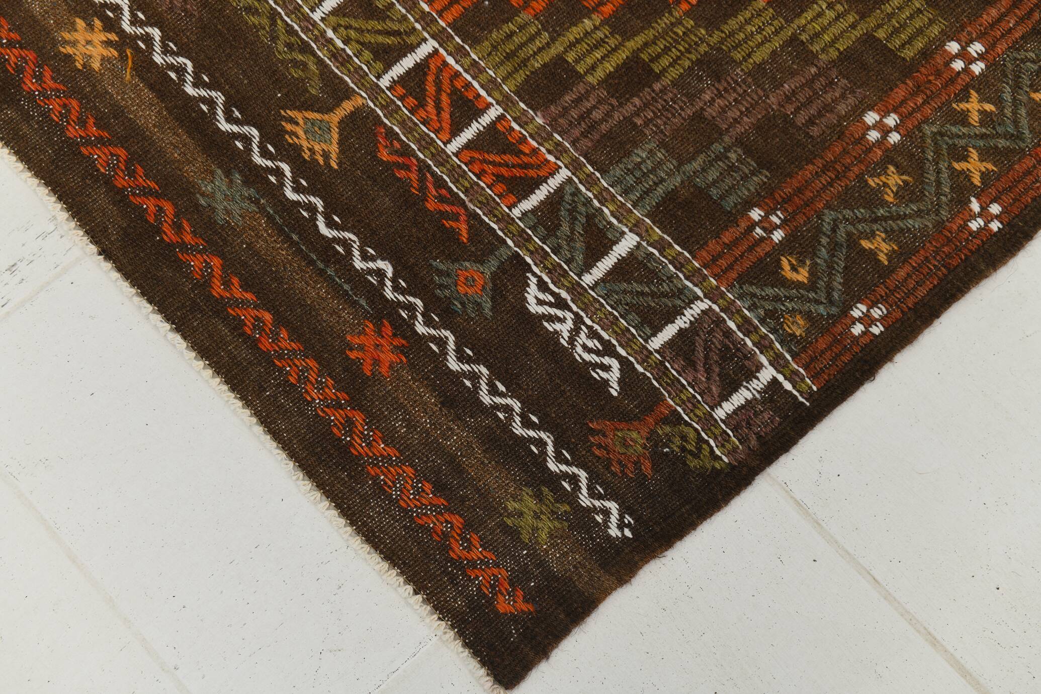 Tapis Kilim Tribal Vintage – Motifs Géométriques Terre & Orange, 207x301 Cm