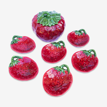Service saladier et 6 coupes fraise en barbotine Aegitna Vallauris