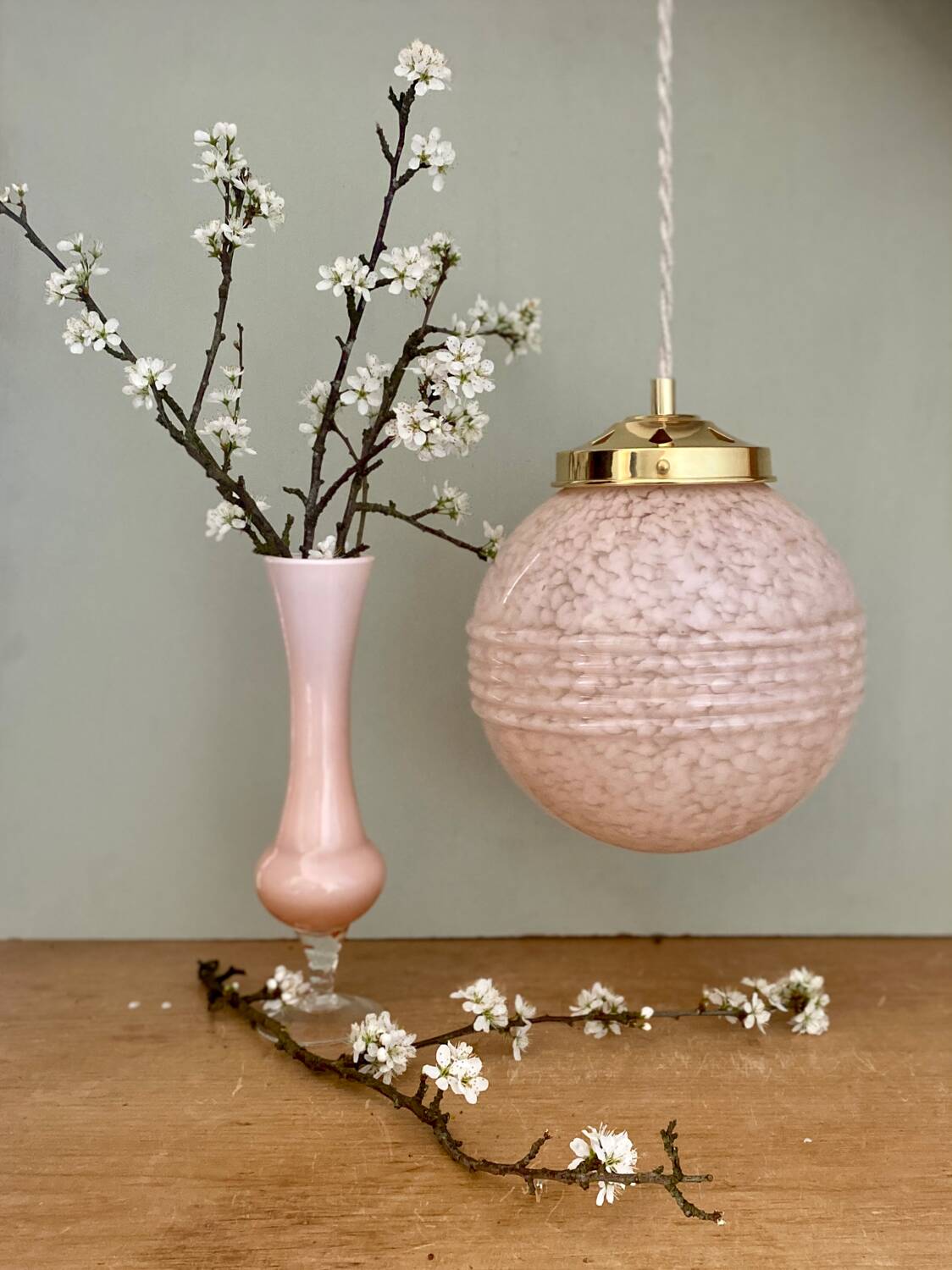 Vintage art deco globe pendant light in pale pink Clichy glass
