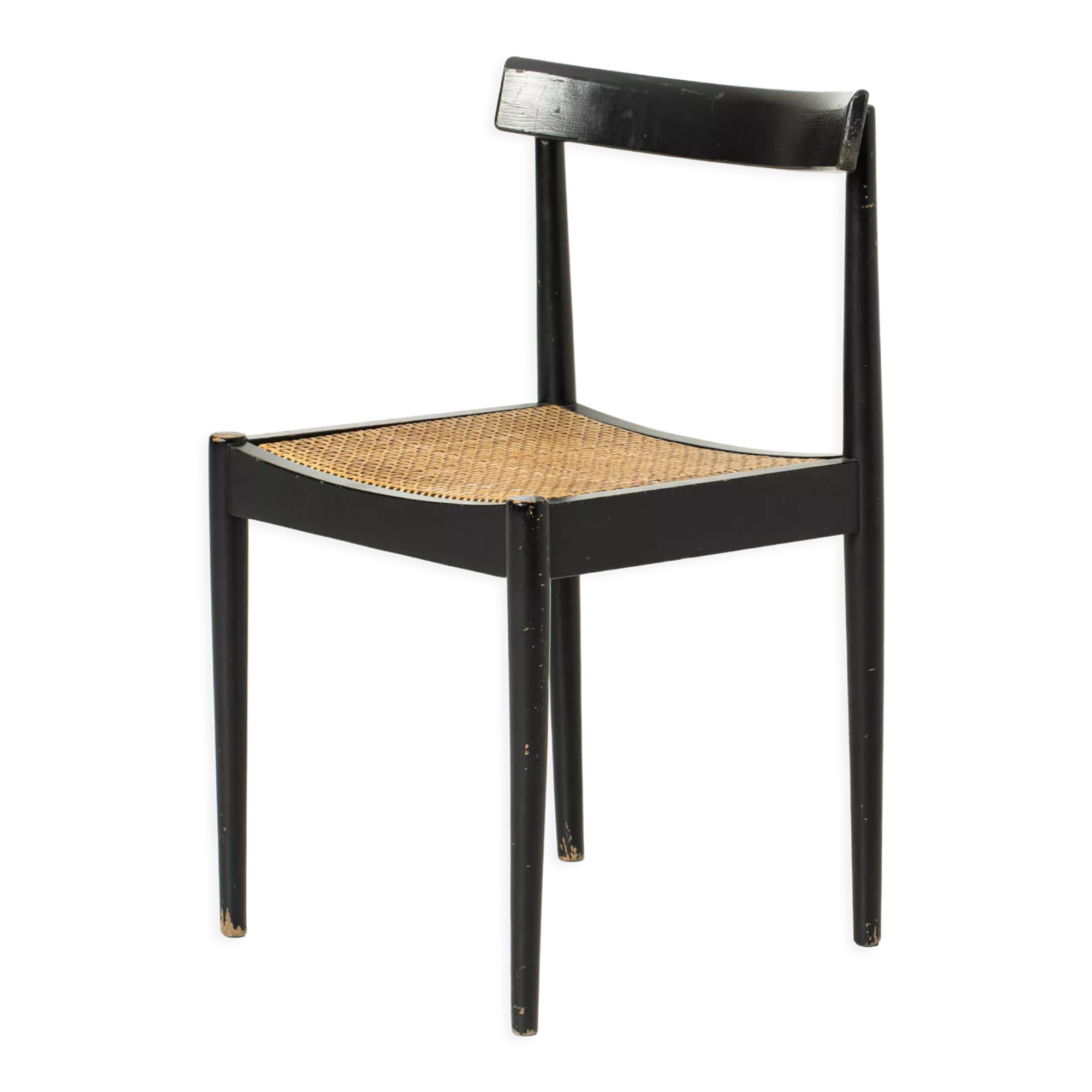 Mid-century dining chair in black laquered wood and cane