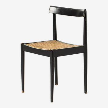 Mid-century dining chair in black laquered wood and cane
