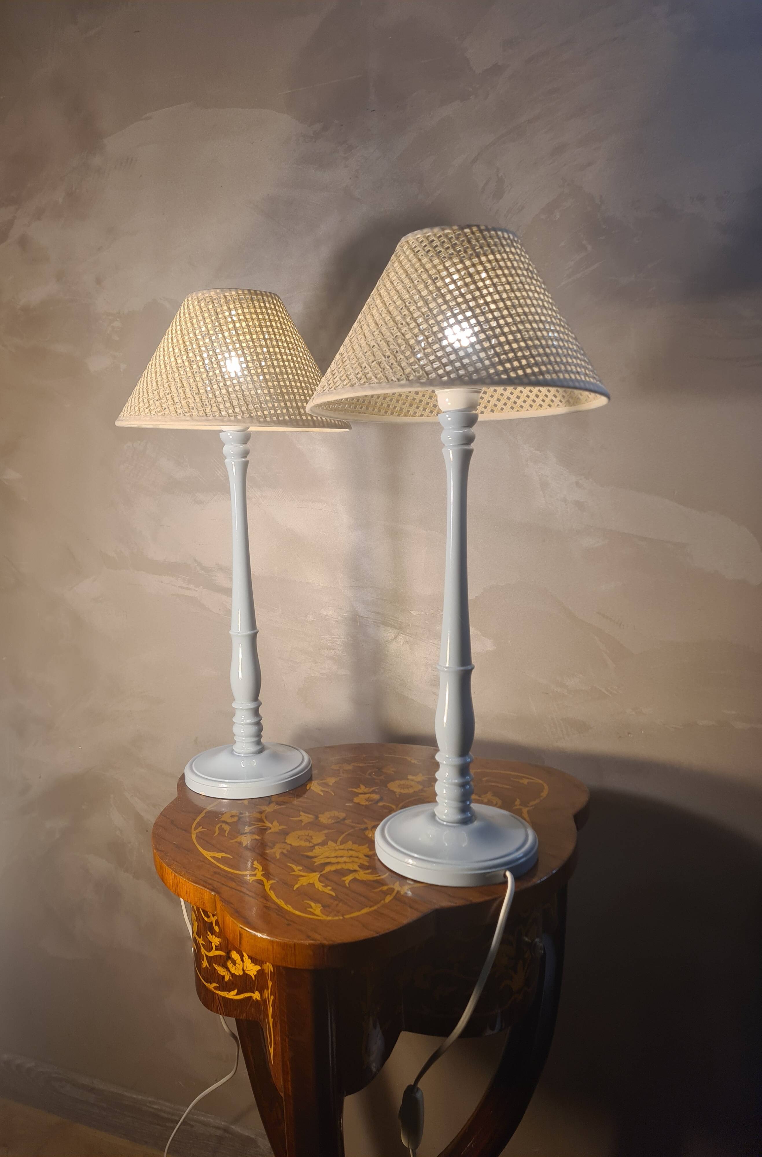 pair of grey-blue lacquered wooden bedside lamps 48x25 compliant with electrical standards