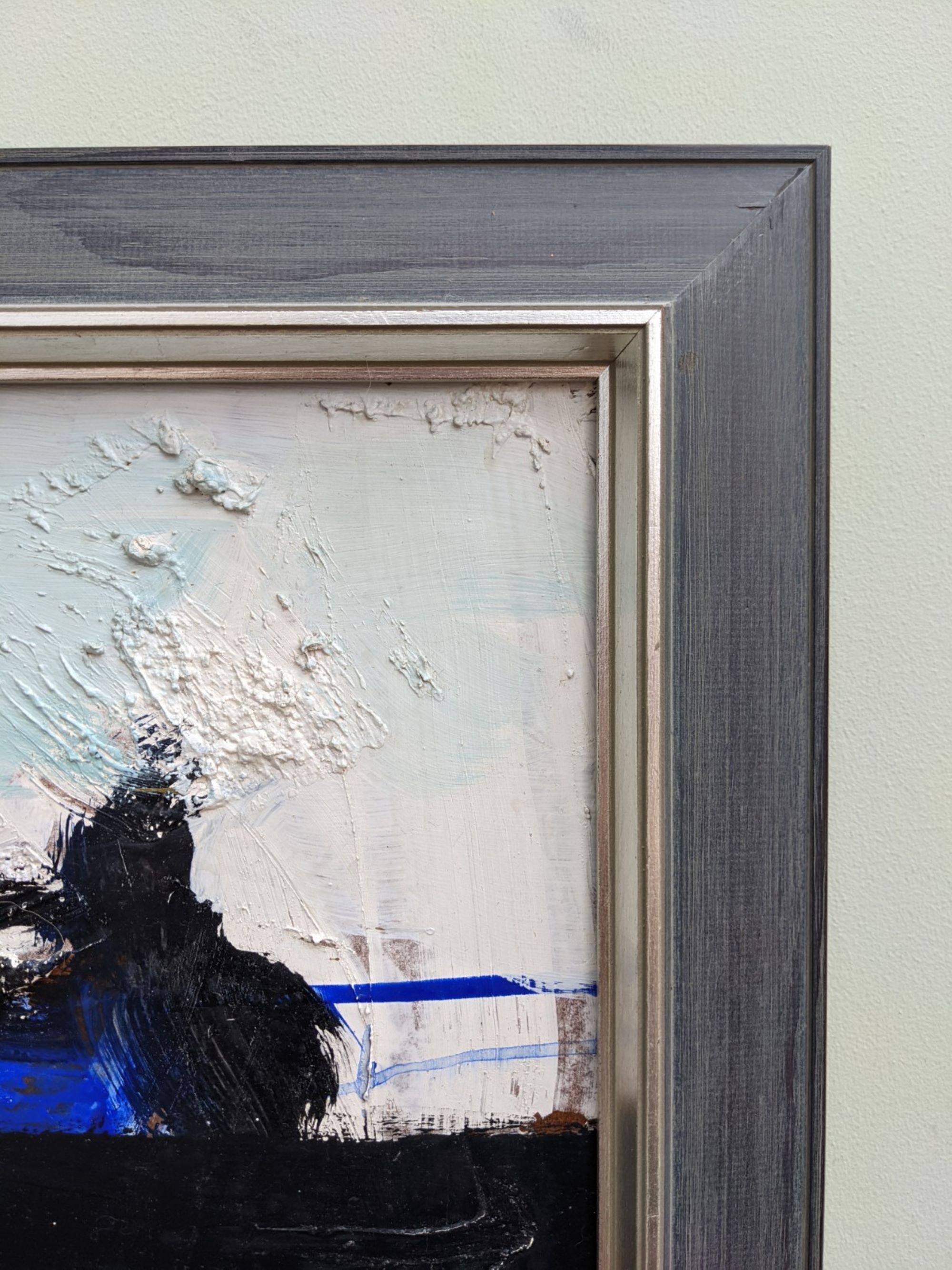 Mid-century modern "blue stream" vintage swedish abstract oil painting, framed, hans osswald