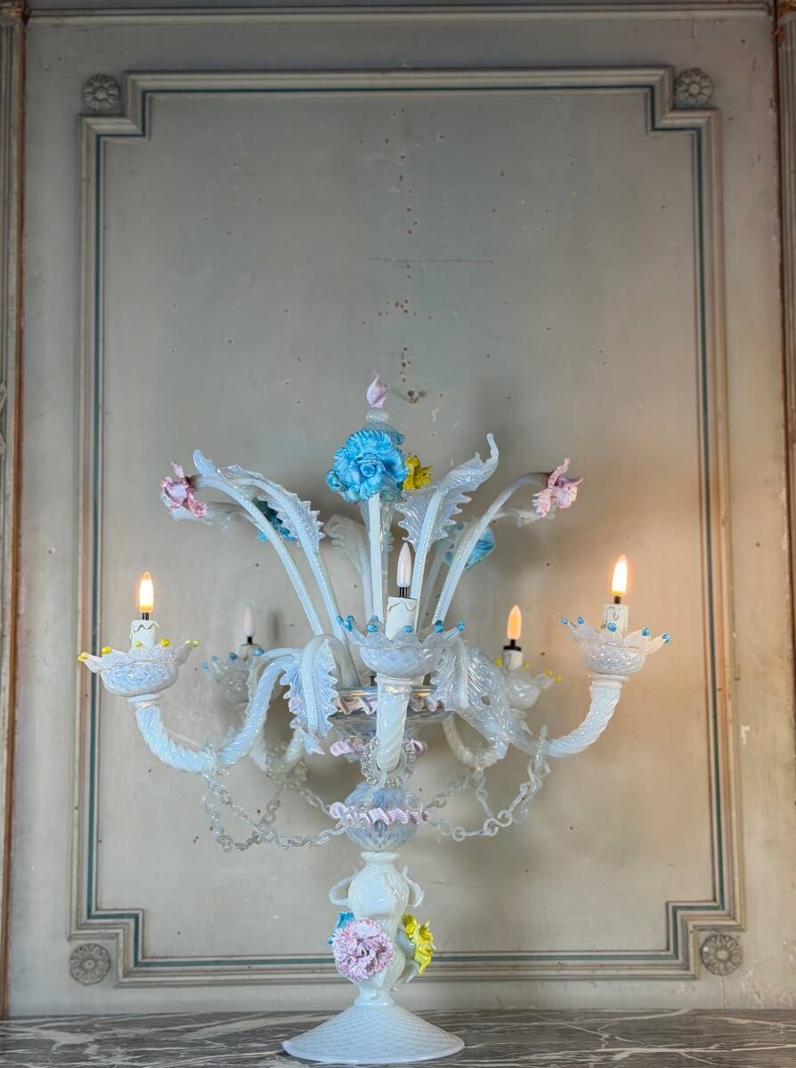 Multicoloured Venetian glass girandole from Murano with a dominant opaline blue, circa 1930.