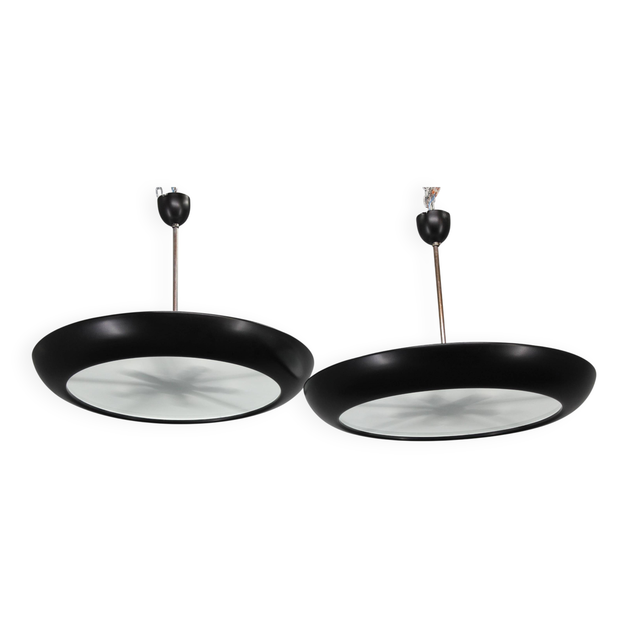 Pair of large Bauhaus "UFO" pendant lights by Josef Hurka for Napako, 1940s