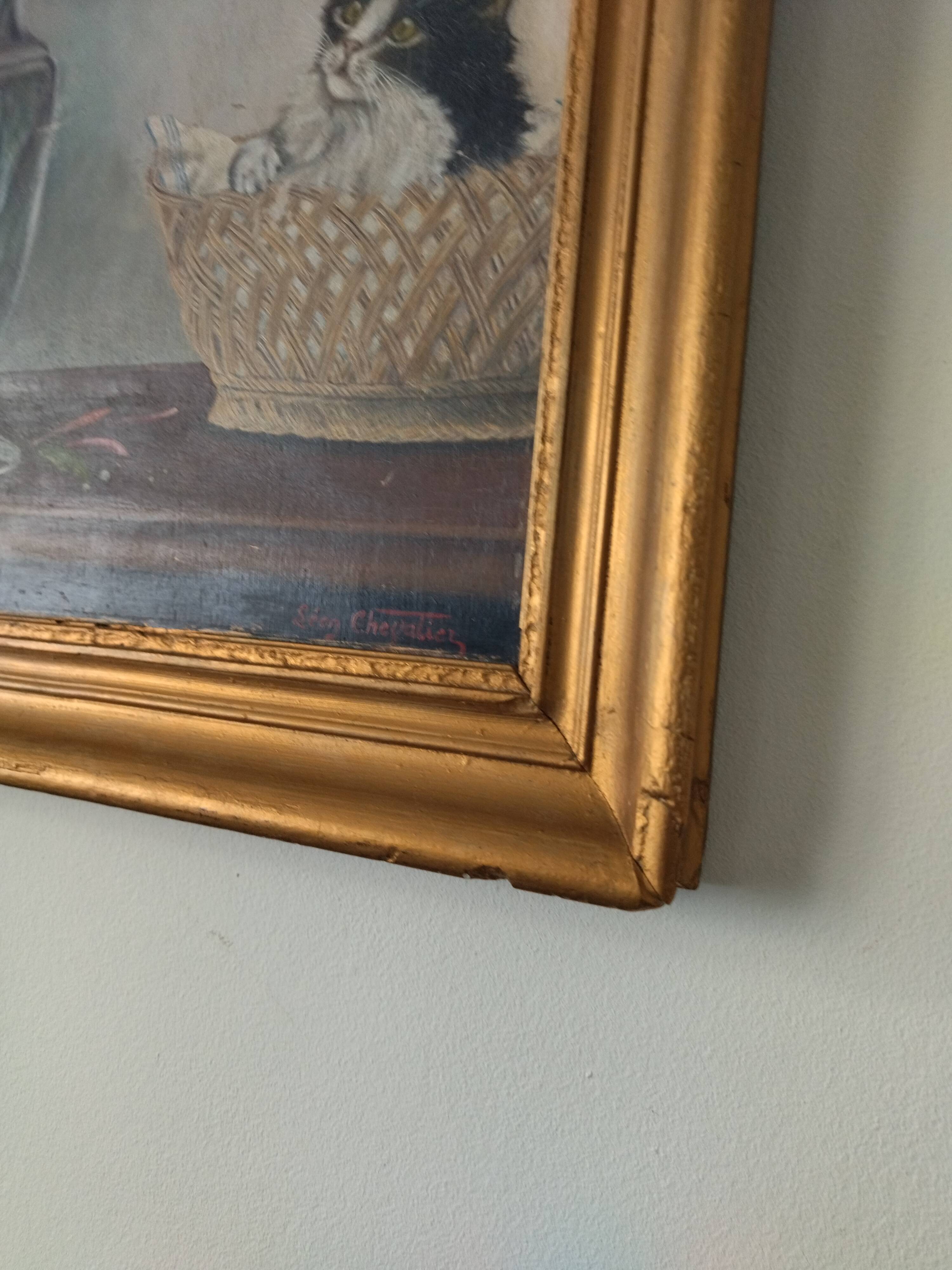 Old panel painting - Kitten and Flowers - Signed Léon Chevalier