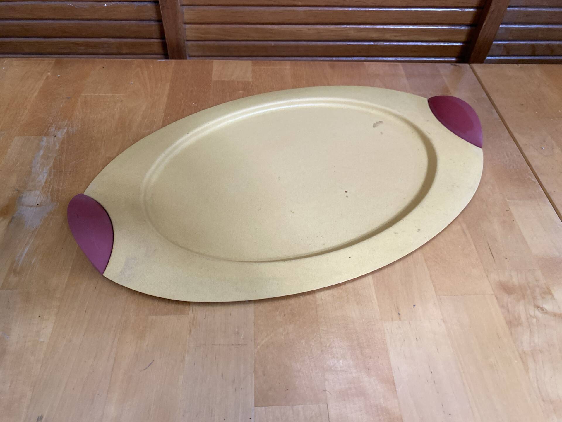 Vintage Yellow Lacquered Metal Tray with Red Plastic Handles