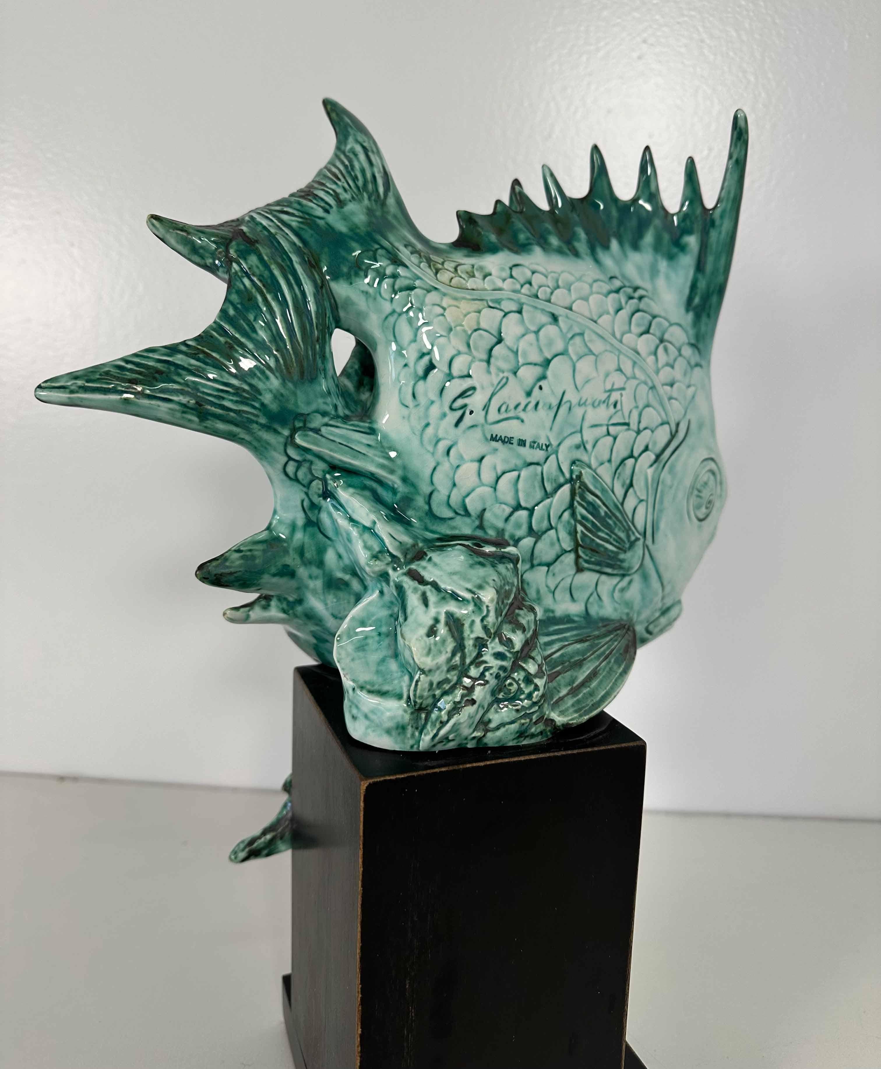 Light Blue Porcelain and Ebonized Wood Fish Sculpture by Guido Cacciapuoti Art Deco, 1930s