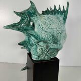 Light Blue Porcelain and Ebonized Wood Fish Sculpture by Guido Cacciapuoti Art Deco, 1930s