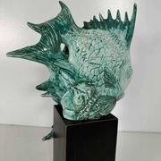 Light Blue Porcelain and Ebonized Wood Fish Sculpture by Guido Cacciapuoti Art Deco, 1930s
