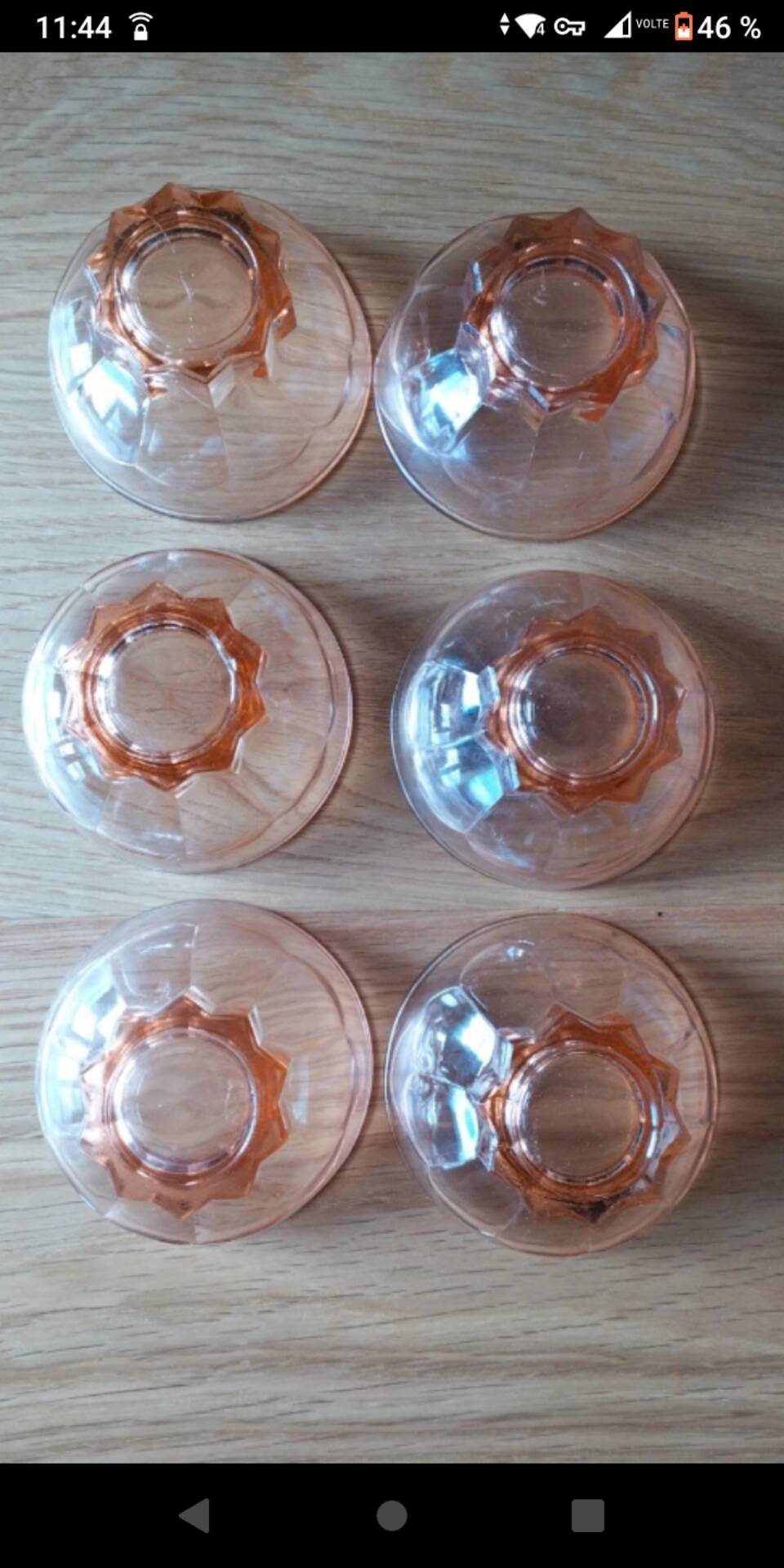 6 small vintage pink glass dessert bowls.