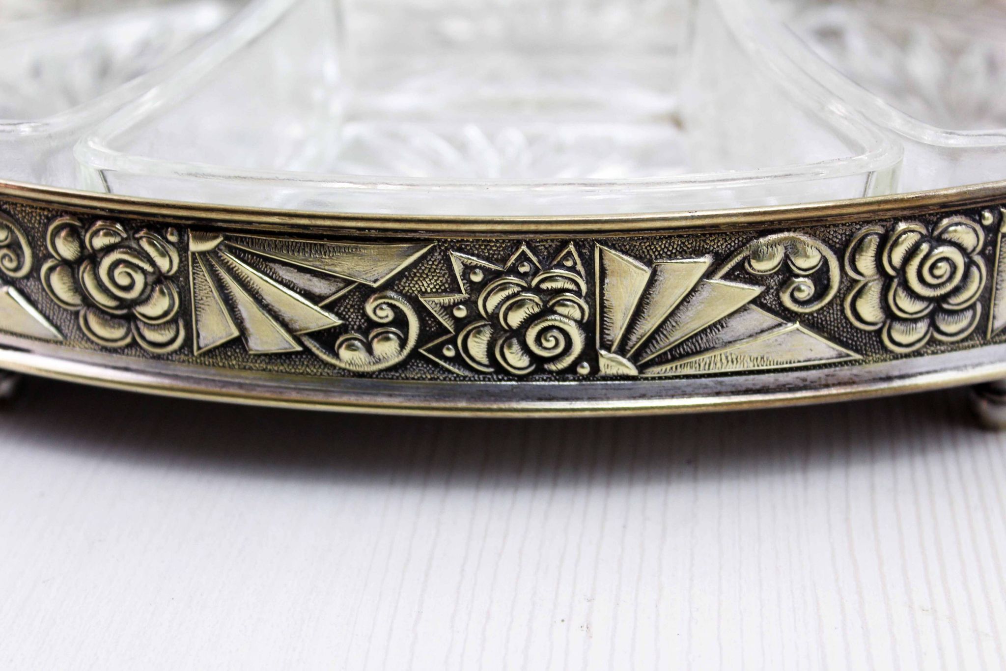 Art Deco silver metal tray with 4 ramekins