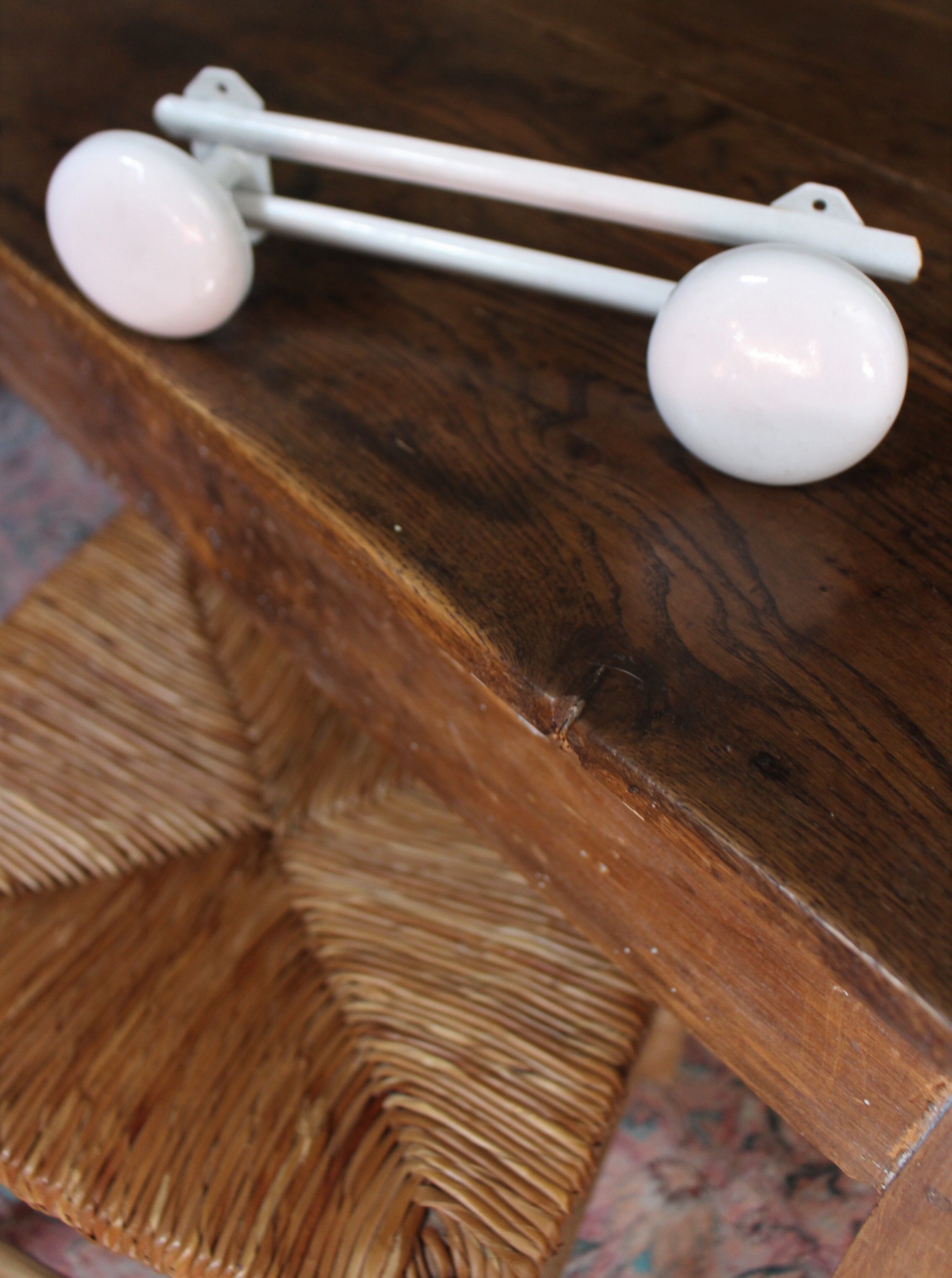 Vintage white metal coat rack with 2 hooks