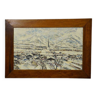 Oil painting by Alexander Michael of Bergen in winter 1980.