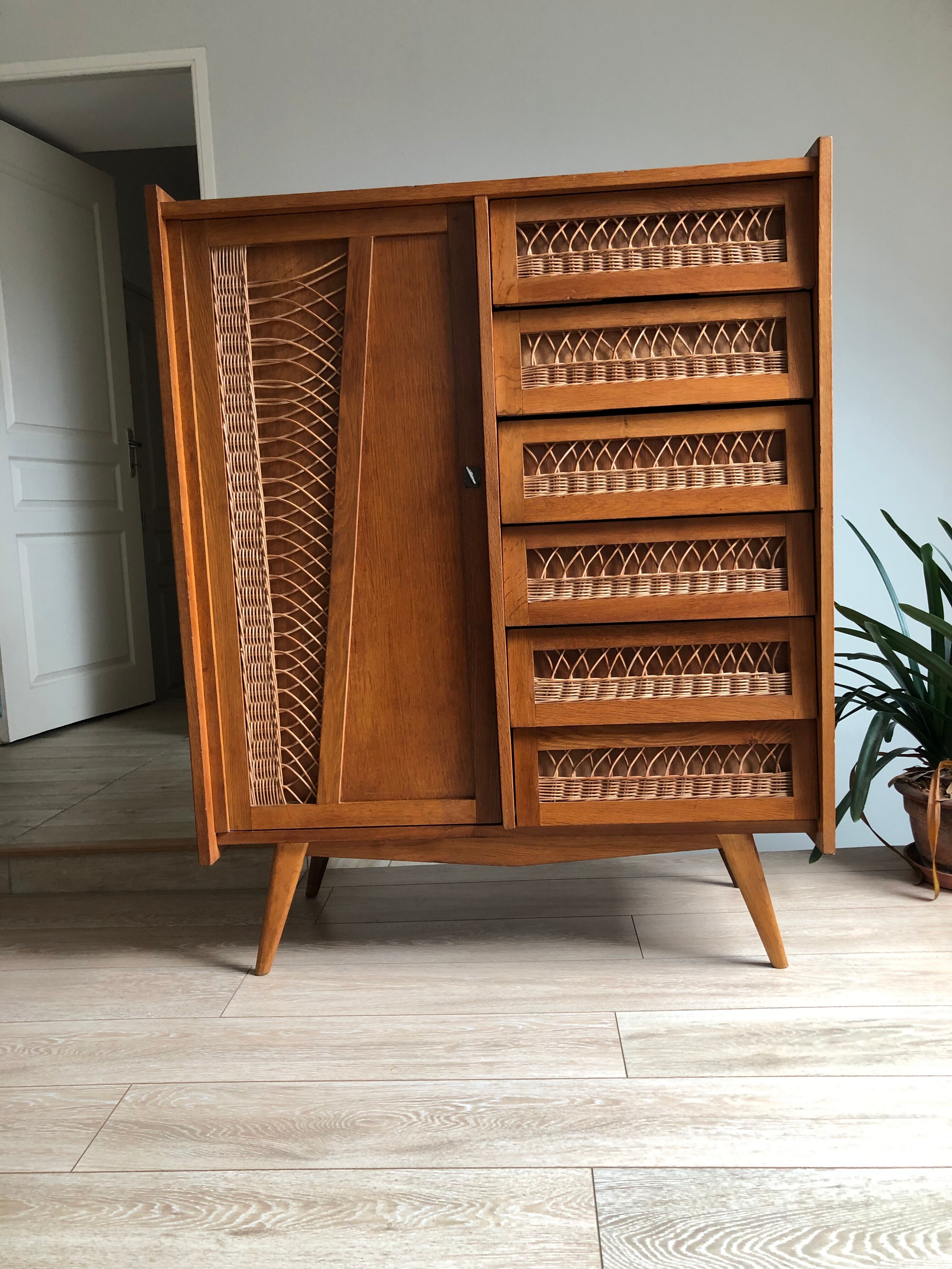 Wood and rattan chest of drawers