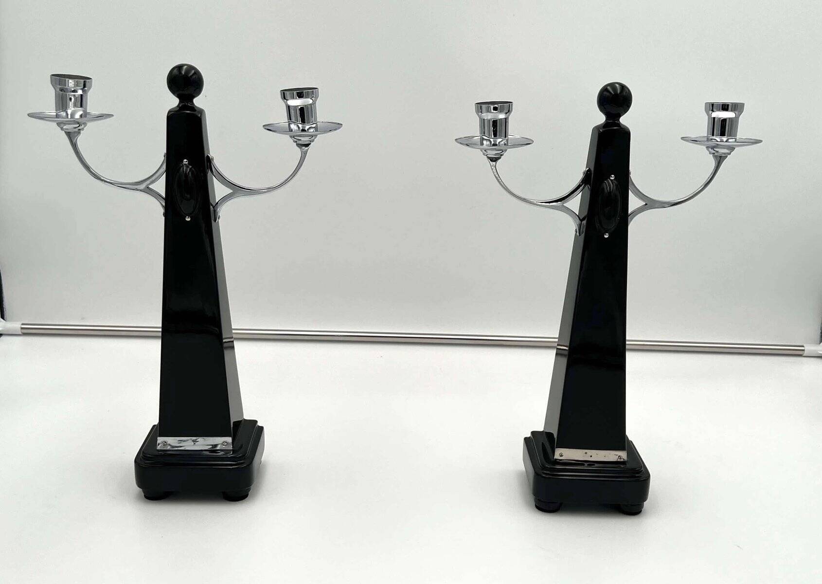 Art Deco Candlesticks in Black Lacquer, Oak & Nickel, Netherlands, 1930s, Set of 2