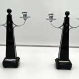 Art Deco Candlesticks in Black Lacquer, Oak & Nickel, Netherlands, 1930s, Set of 2