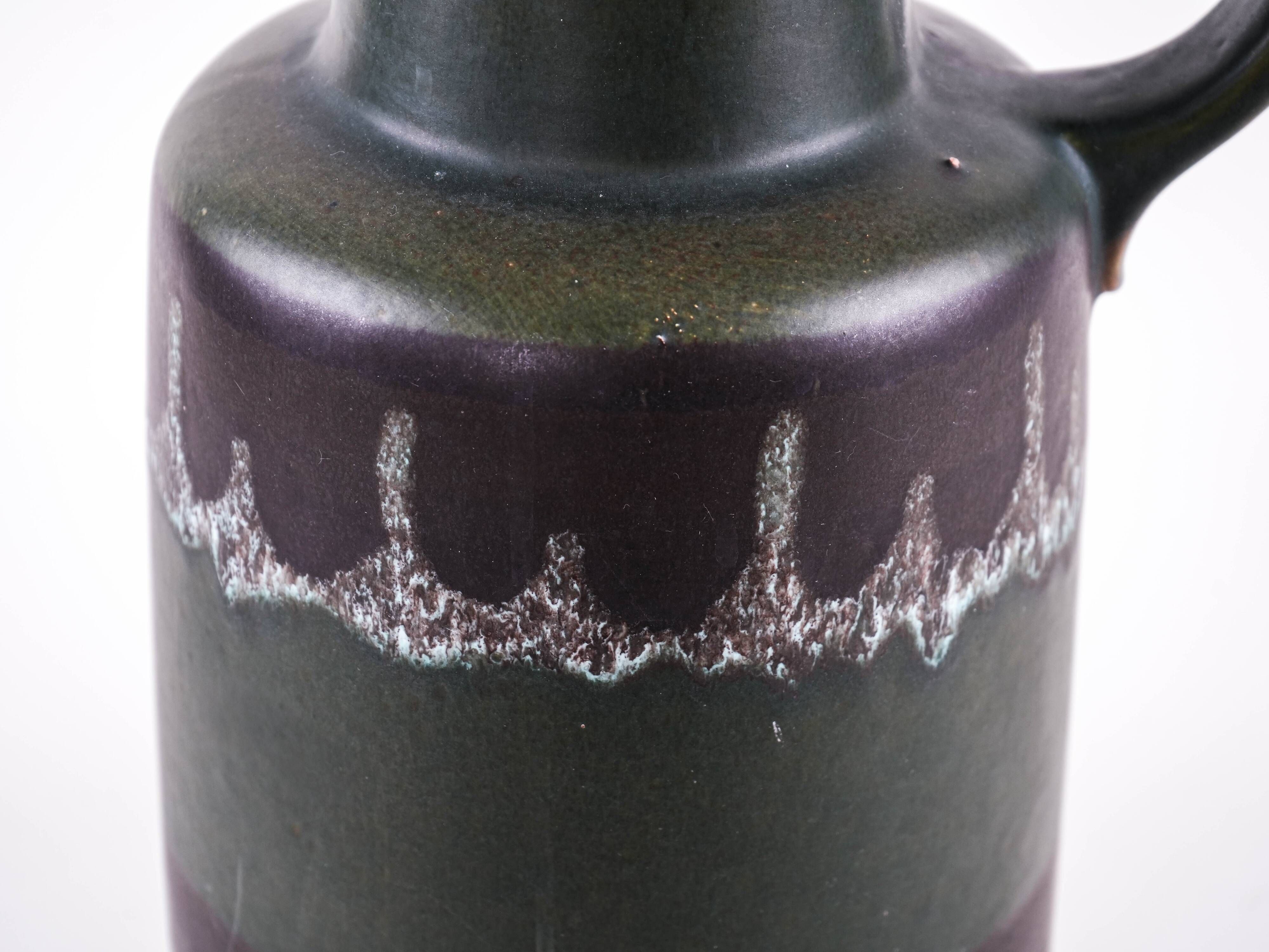 Fat lava ceramic vase with handle, green glaze, West Germany, 1970s