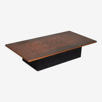 Table basse brutaliste vintage en bois et en cuivre