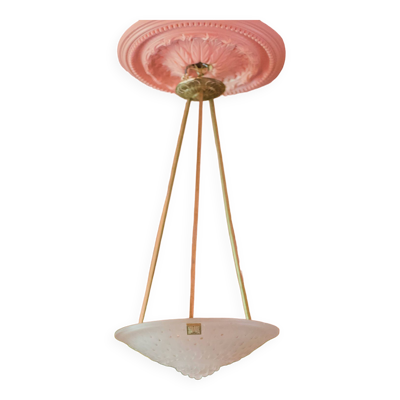 Lustre signé Muller Frères Lunéville , suspension Art déco, lustre bronze nickelé, lampe de plafond,