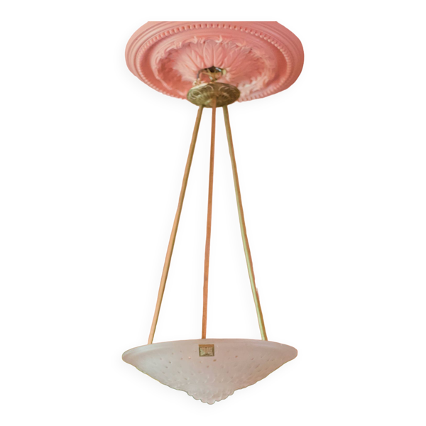 Lustre signé Muller Frères Lunéville , suspension Art déco, lustre bronze nickelé, lampe de plafond,