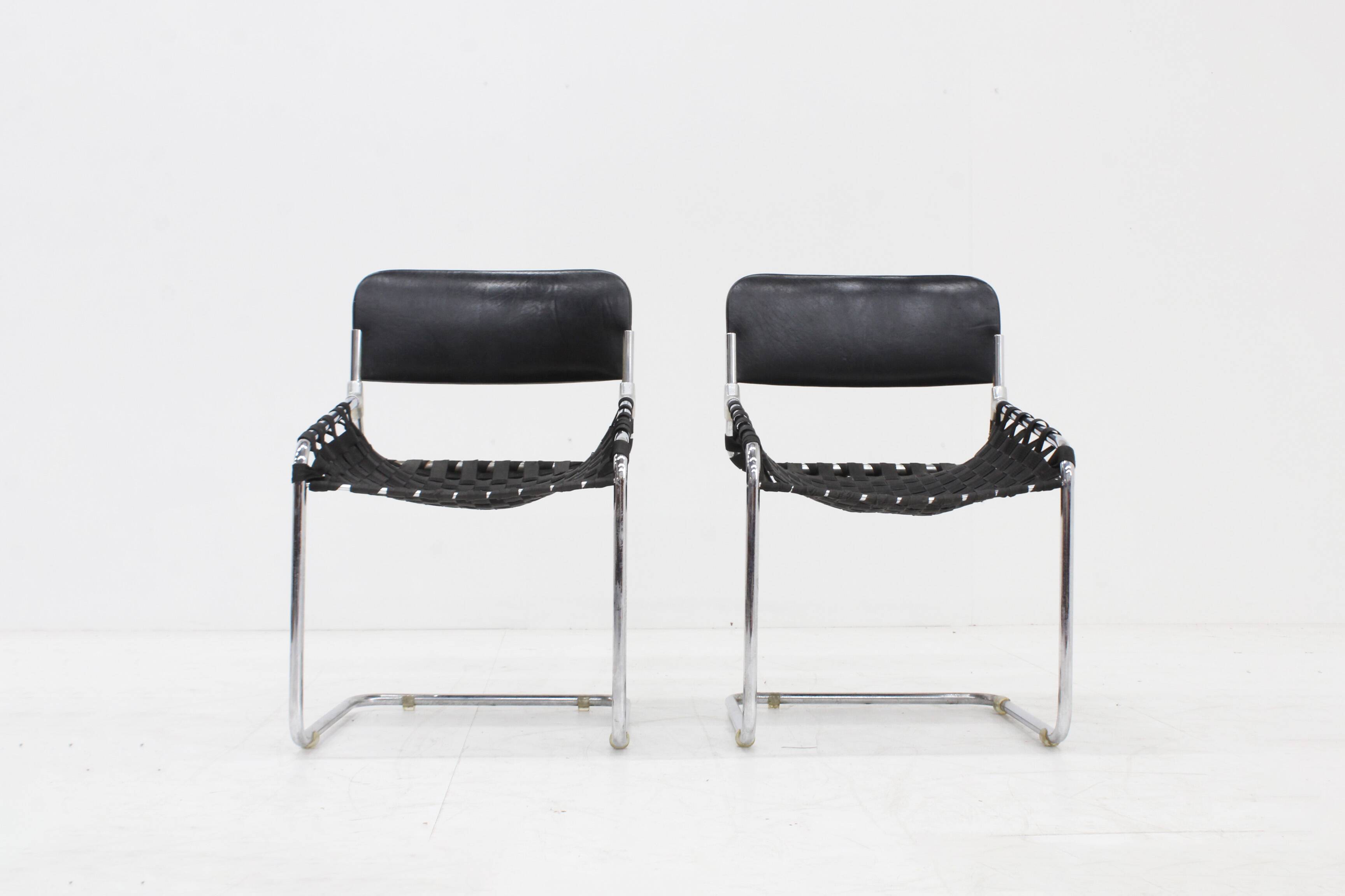 Set Vintage italian chairs black leather and chrome 1970s