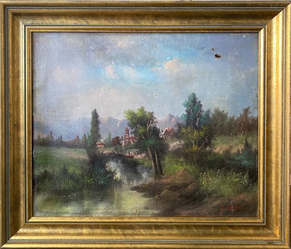 Tableau HST ''Paysage à la rivière animé'' signé P. Belmont (à restaurer) XIX°