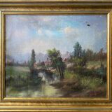 Painting HST "Landscape with the animated river" signed P. Belmont (to be restored) XIX°