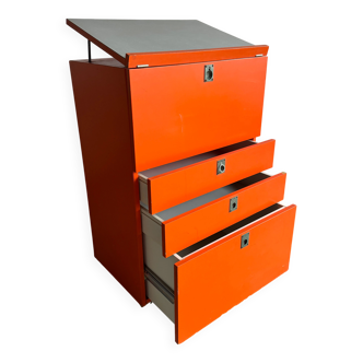 1980 Brown Wood Chest of Drawers with Fold-Out Work Surface and Angled Desktop