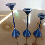 3 modernist Scandinavian candlesticks in blue lacquered metal and brass 60s 70s