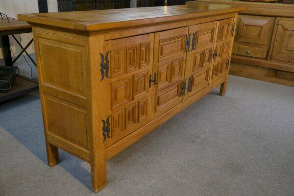 Large 4-door sideboard in solid oak and wrought iron, rustic style, 1960s