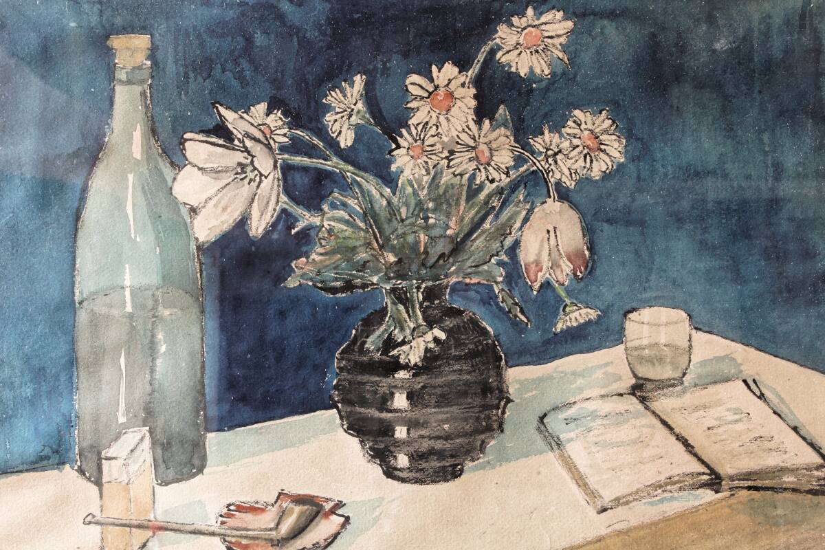 Cubist still life with bouquet, signed R. Caly 1948