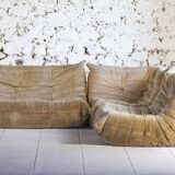 Canapé Togo 4 places en velours beige par Michel Ducaroy, Ligne Roset, 1973